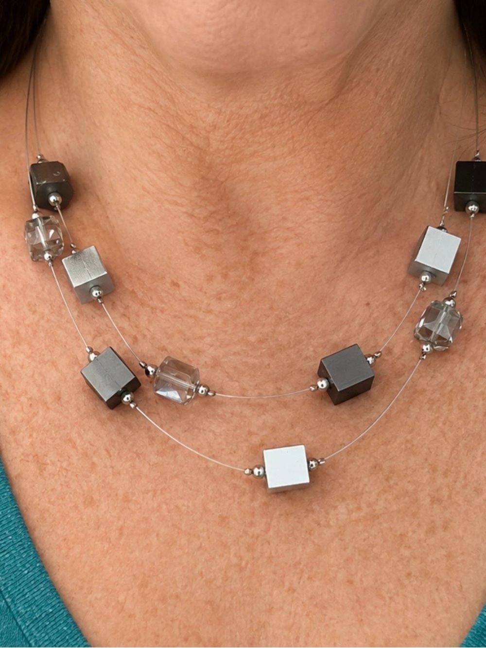 Black White Silver Geometric Cube Statement Necklace